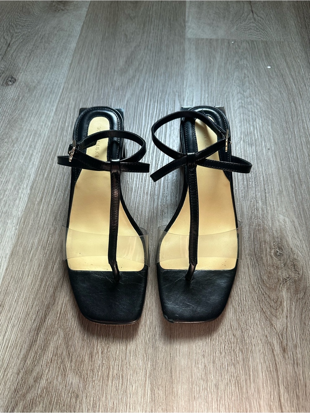 Tory Burch Black T‑Bar Clear Strap Heeled Sandals